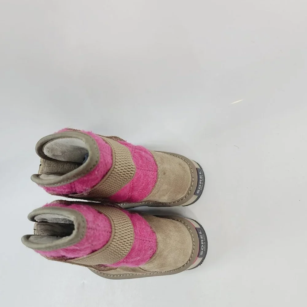 Sorel Girl's Tan Pink Newbie Short Leather Ankle Winter Snow Boots‎ Size 9